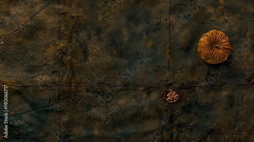 Dark autumn pumpkin still life on rustic grungy texture surface backdrop