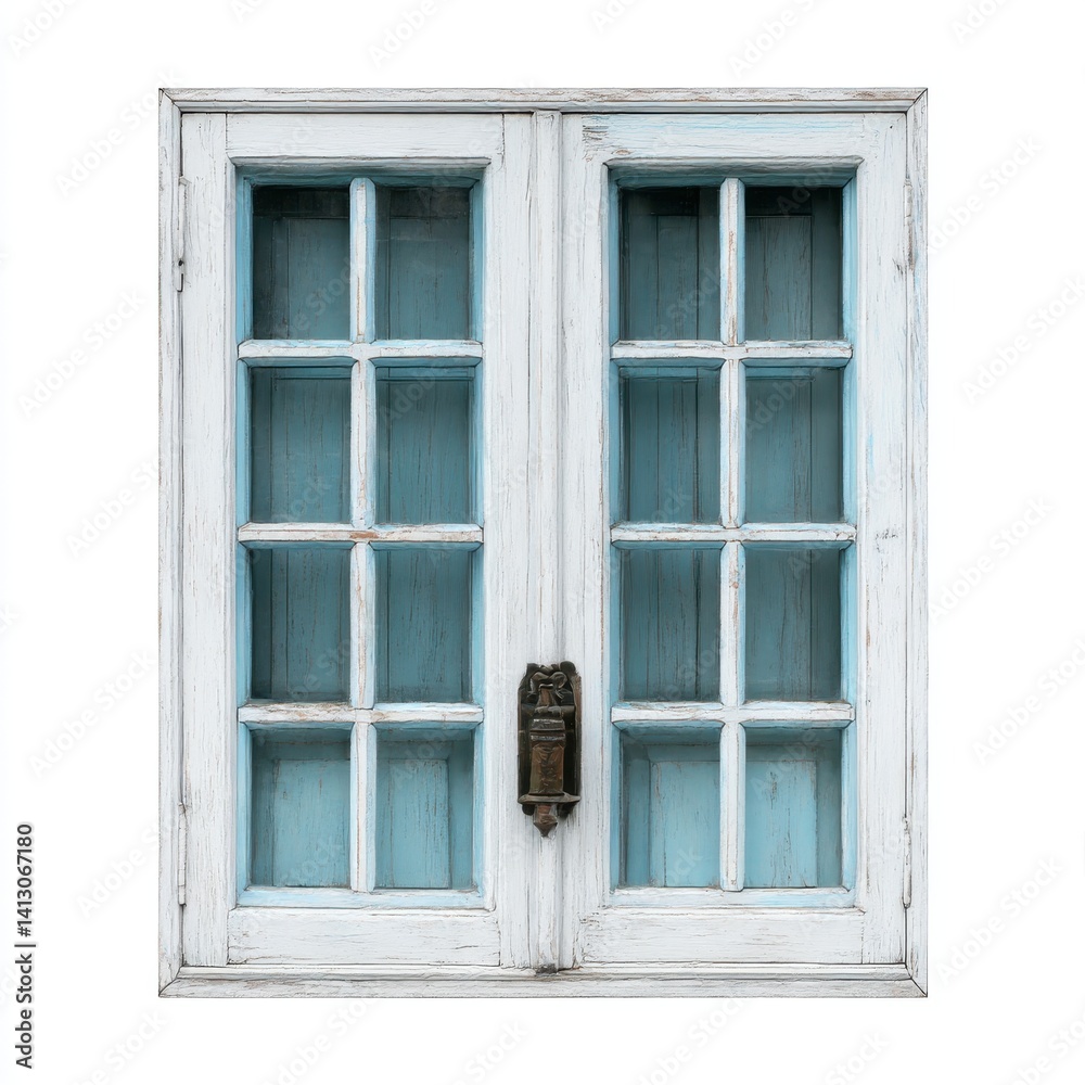 Fototapeta premium Vintage window with blue glass isolated on white background