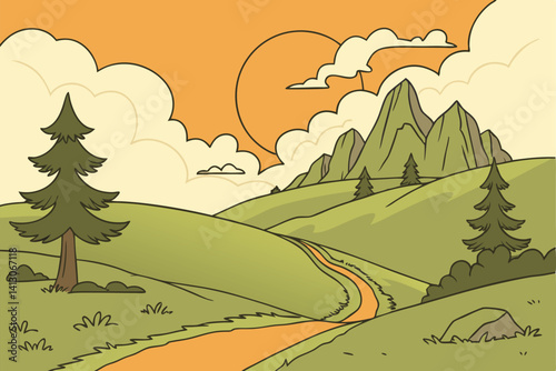 57 Cartoon landscape, vibrant sunset sky, orange and yellow gradient, large sun, fluffy clouds, green rolling hills, winding dirt path, rocky mountain peaks, evergreen trees, minimalist style, flat co