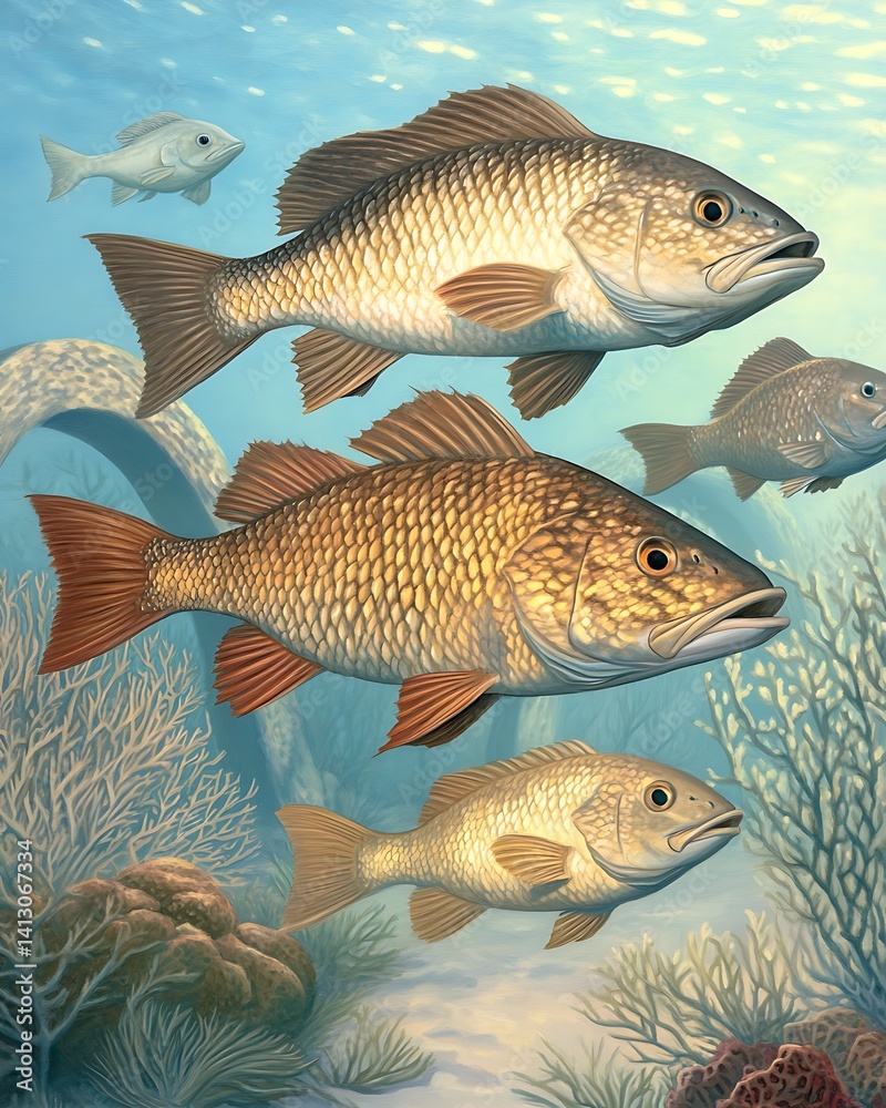 Naklejka premium Golden Fishes Swimming in Ocean Aquatic Realm Underwater Fauna Marine Animal Sea Life Diversity