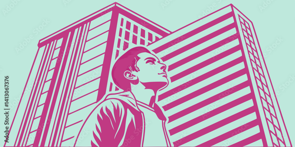 Aspiring Young Man Gazing at Modern Cityscape Dreams of Urban Success Aspiring Young Man Gazing at Modern Cityscape Dreams of Urban Success