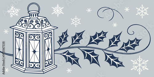 Elegant Winter Lantern with Holly Design A Festive Illustration