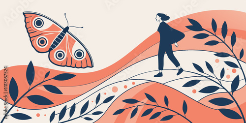 Woman Walking in Nature with Butterfly Illustration Peaceful Nature Scene