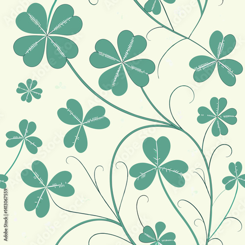Elegant Teal Four-Leaf Clover Floral Pattern Seamless Design for Wallpaper, Fabric, and More