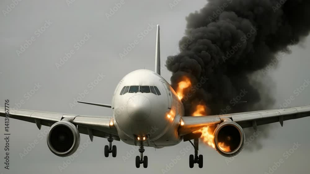 Airplane emergency: midflight fire and smoke with intense flames.