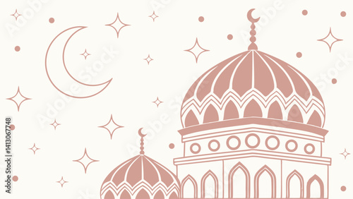 Elegant Mosque Illustration Ramadan Kareem, Islamic Art, Night Sky, Crescent Moon, Stars