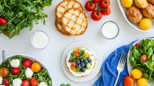 top view of fresh mozzarella salad with croutons on gray table, flat lay. ai generated