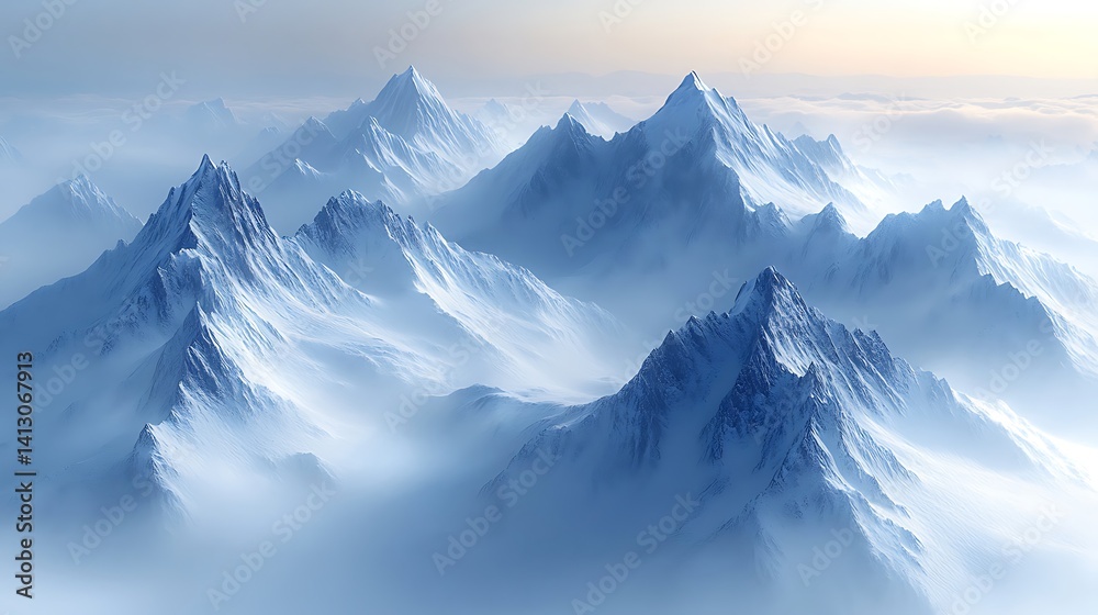 Obraz premium Majestic snow-capped peaks pierce a hazy, ethereal sky.