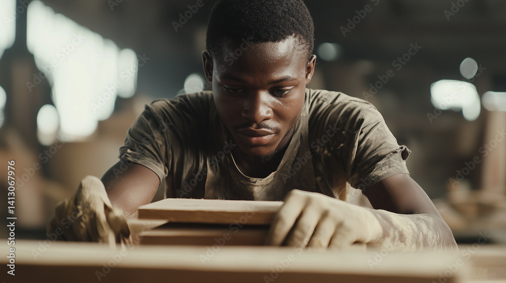 Young man crafting wood in factory, confident stance, hands steady