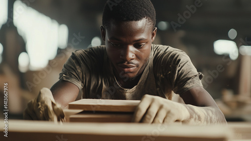 Obraz na płótnie Young man crafting wood in factory, confident stance, hands steady w salonie