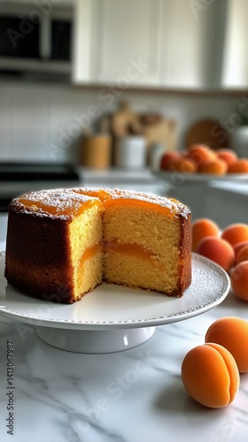 Delicious Apricot Cake Displayed on a Marble Countertop With Fresh Apricots B...