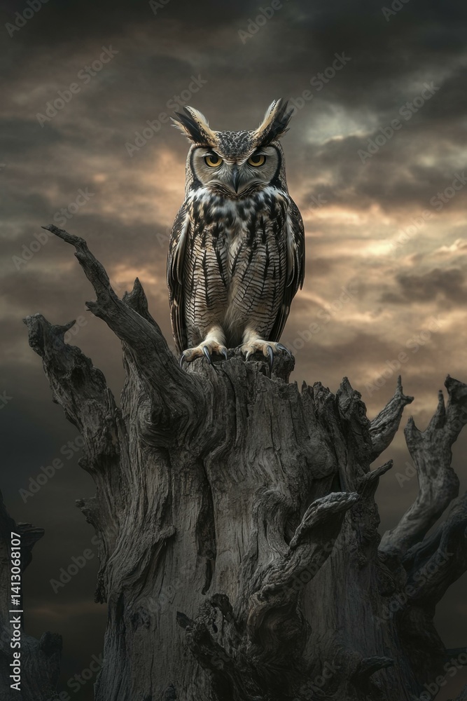 Fototapeta premium Great Horned Owl Perched Watchfully on Weathered Tree Stump Under Moody Cloud Sky
