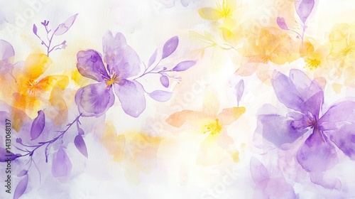 Delicate watercolor flowers in shades of purple and yellow blend beautifully, creating a calming and artistic composition perfect for decoration