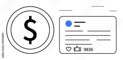 Dollar sign in a circle beside a social media post layout with thumbs ups and interactions. Ideal for monetization concepts, digital marketing, analytics, influencer strategy, social commerce