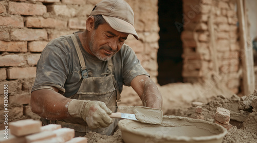 Skilled builder applying mortar with pan knife, laying bricks precisely