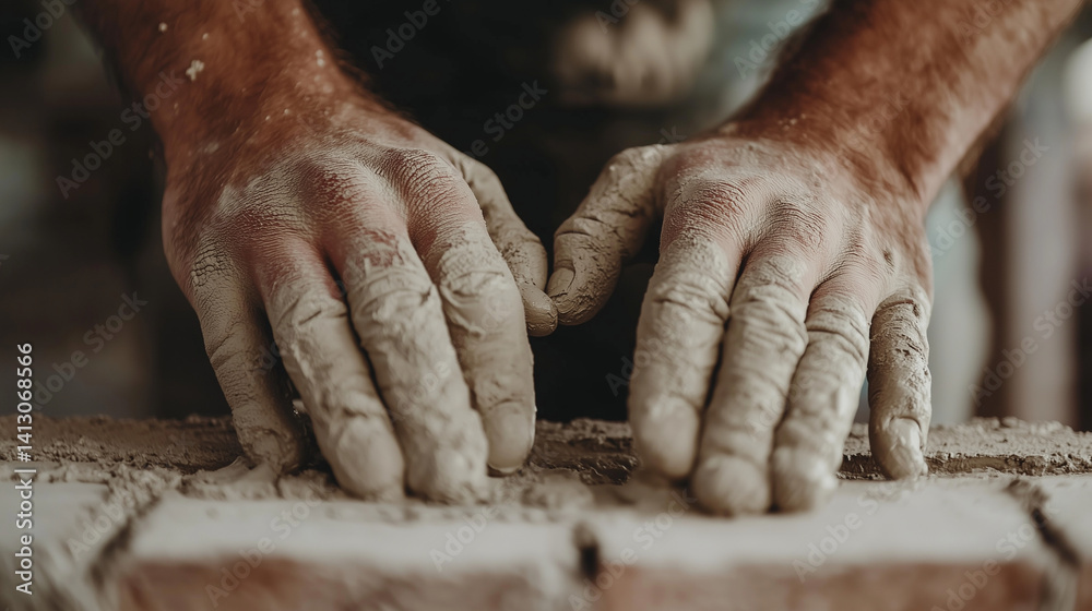Hands of worker spreading cement, brick wall rising, focused action