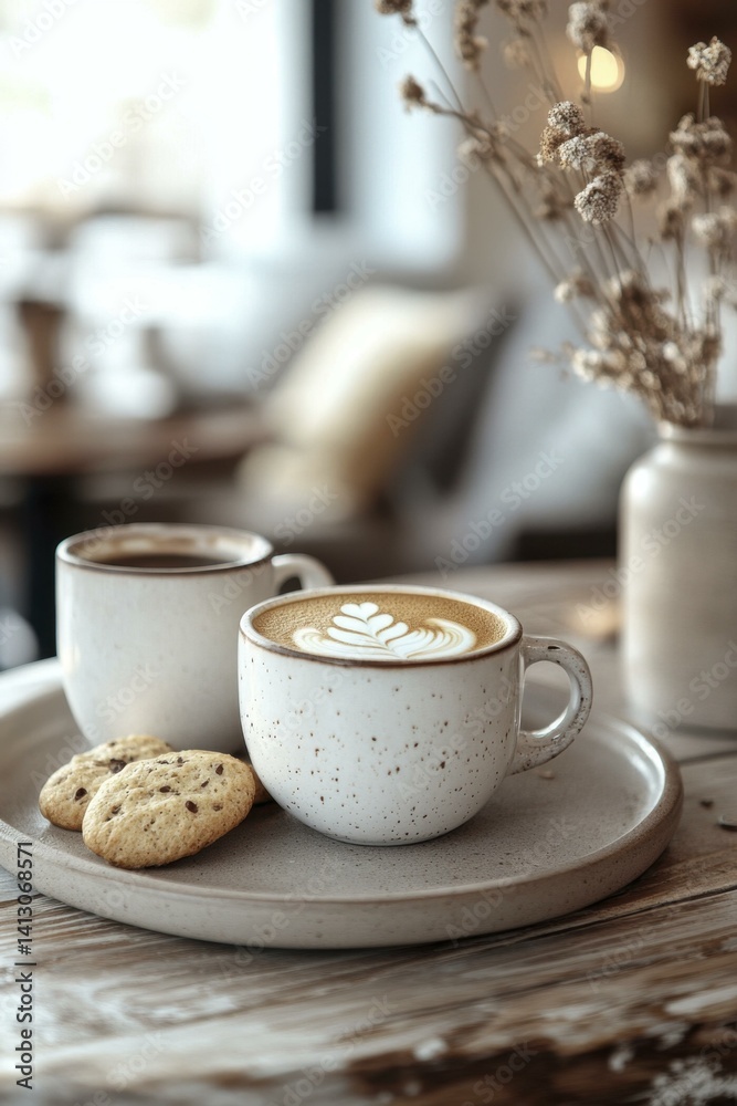 Two Coffee Cups with Latte Art and Cookies on Wooden Table Two Coffee Cups with Latte Art and Cookies on Wooden Table