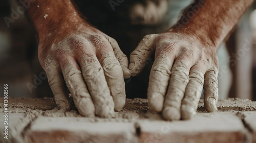 Obraz na płótnie Hands of worker spreading cement, brick wall rising, focused action w salonie