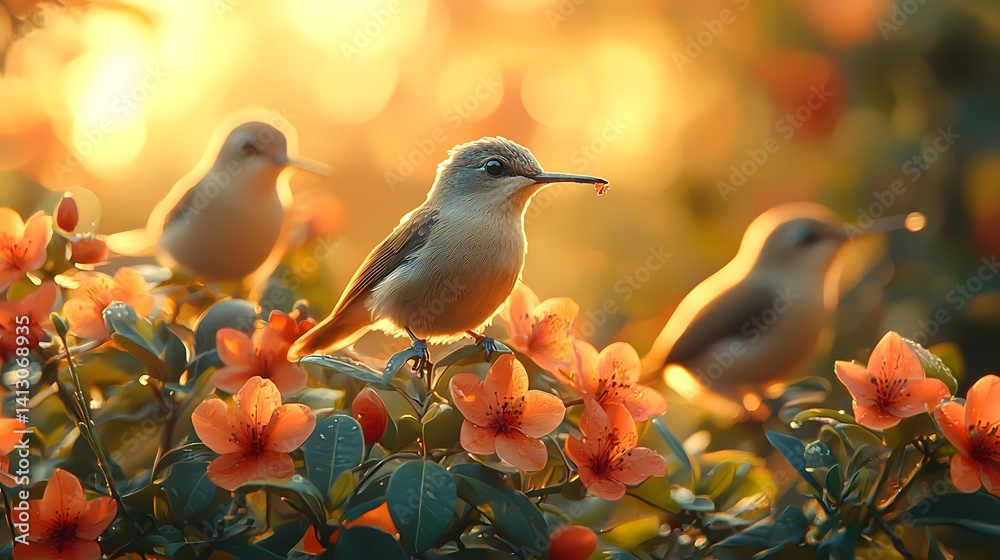 Fototapeta premium Hummingbird sipping nectar from vibrant tropical flowers