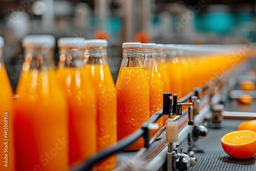 Fresh Orange Juice Bottles on Production Line in Factory During Daytime Proce...
