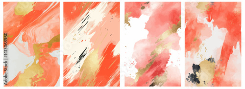 Vector pattern set of splashy coral and gold overlapping shapes on a white background