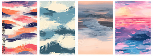 Vector pattern set of subtle brushstroke waves representing the sea at dawn background blue