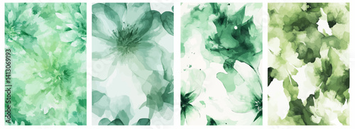 Vector pattern set of subtle green watercolor blooms spreading outward background