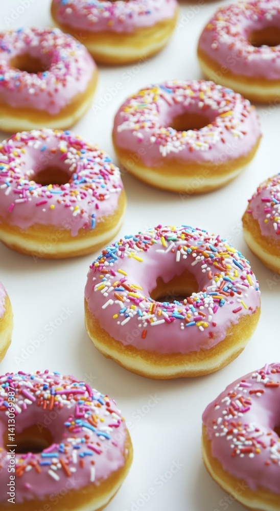 Pink Frosted Donuts with Colorful Sprinkles on White Surface Pink Frosted Donuts with Colorful Sprinkles on White Surface