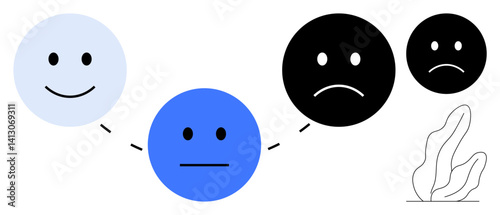 Series of faces transitioning from happy to sad, representing emotions and mental states. Ideal for mental health, mood tracking, emotional intelligence, behavior analysis, awareness campaigns
