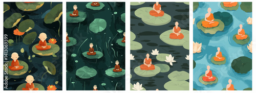 Vector pattern set of tiny monks meditating on floating lotus pads background