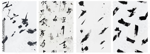 Vector pattern set of traditional calligraphy strokes on textured white background