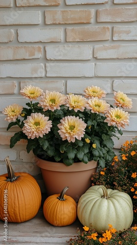 Wallpaper Mural Autumn Decor With Pumpkins and Mums in a Cozy Setting Near a Brick Wall Torontodigital.ca