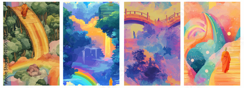 Vector pattern set of a tiny spirit monk crossing a rainbow bridge background