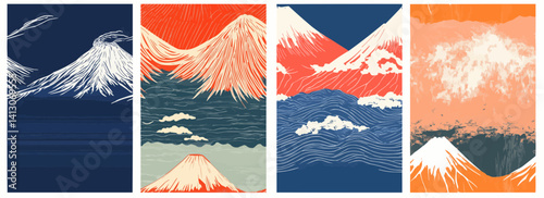 Vector pattern set of tiny stylized Mount Fuji erupting with white lines background