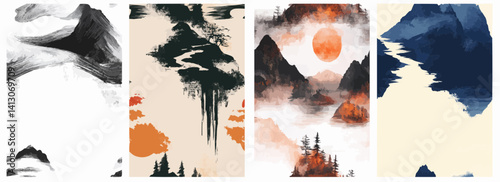 Vector pattern set of two brushstrokes forming a mountain and river background with white color