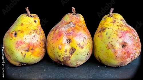 Three bruised pears in a row