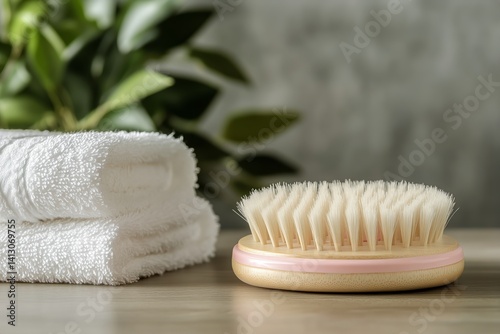 Soft Towels and a Wooden Brush on a Table Surrounded by Greenery in a Serene ...