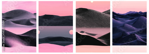Vector pattern set of zen-inspired black sand dunes under a synthetic pink sky background