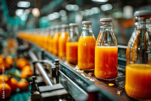 Fresh Orange Juice Bottles on Production Line in Factory During Daytime Proce...