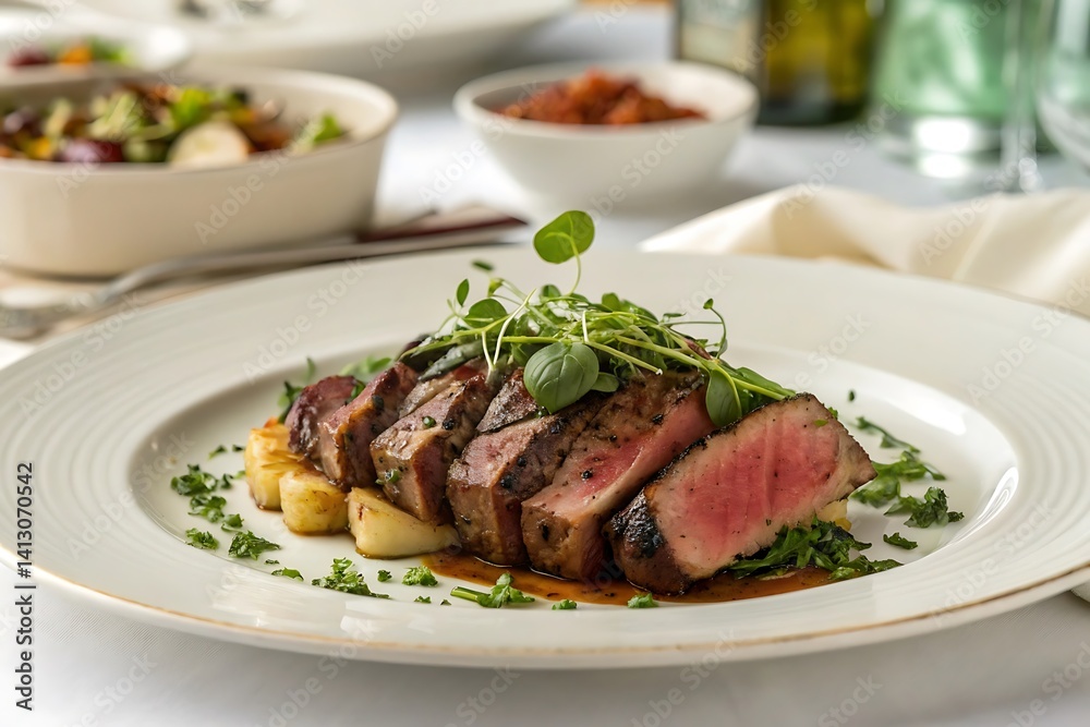 Elegantly Presented Plate of Cooked Meat with Fresh Herbs on White Tablecloth Warm Earthy Tones, Shallow Depth of Field, and Sophisticated Lighting Elegantly Presented Plate of Cooked Meat with Fresh Herbs on White Tablecloth Warm Earthy Tones, Shallow Depth of Field, and Sophisticated Lighting