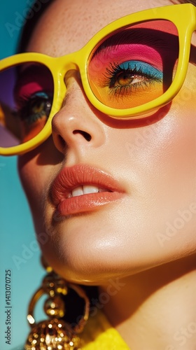 Model Showcases Vibrant Fashion With Yellow Sunglasses and Bold Makeup at an ...