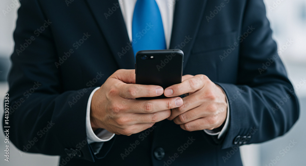 Businessman Checking Smartphone: A close-up view of a businessman in a sharp suit, his hands holding a black smartphone, engaged in a digital activity, suggesting communication, business. Businessman Checking Smartphone: A close-up view of a businessman in a sharp suit, his hands holding a black smartphone, engaged in a digital activity, suggesting communication, business.