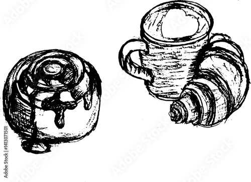 hand drawn vector illustration of coffee with croissant and cinnabon