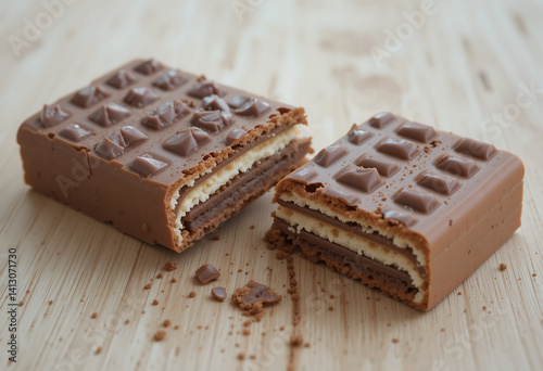 Chocolate wafer split revealing layered cream and crisp texture