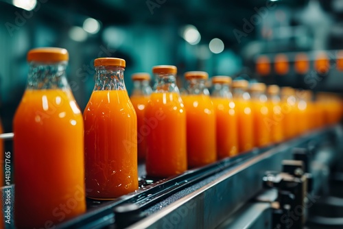 Freshly Squeezed Orange Juice Bottles on a Production Line in a Modern Factor...
