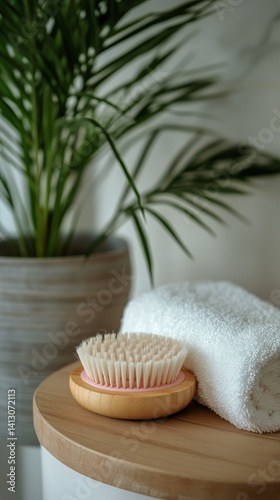 Wooden Bath Brush Resting on a White Towel Beside a Potted Plant in a Serene ...