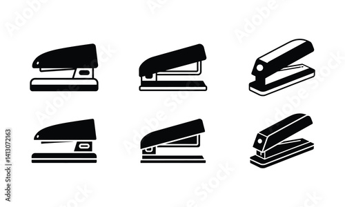 Silhouette Office Stapler Icon Set in Different Angles for Workplace Stationery, Desk Tools, and Office Supplies