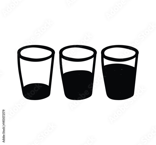 doodle icon Three clear glass cups are lined up, each filled with different levels of liquid. The arrangement creates a striking visual contrast, showcasing simple yet elegant design.