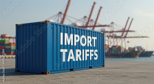 Blue shipping container reads import tariffs in front of a port.