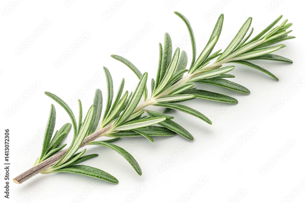 Fototapeta premium Fresh Rosemary Sprigs Isolated on White Background Culinary Herb Aromatic Plant Cooking Ingredient Natural Flavoring Mediterranean Cuisine Herbal Remedy Fragrant Leaves Green Foliage